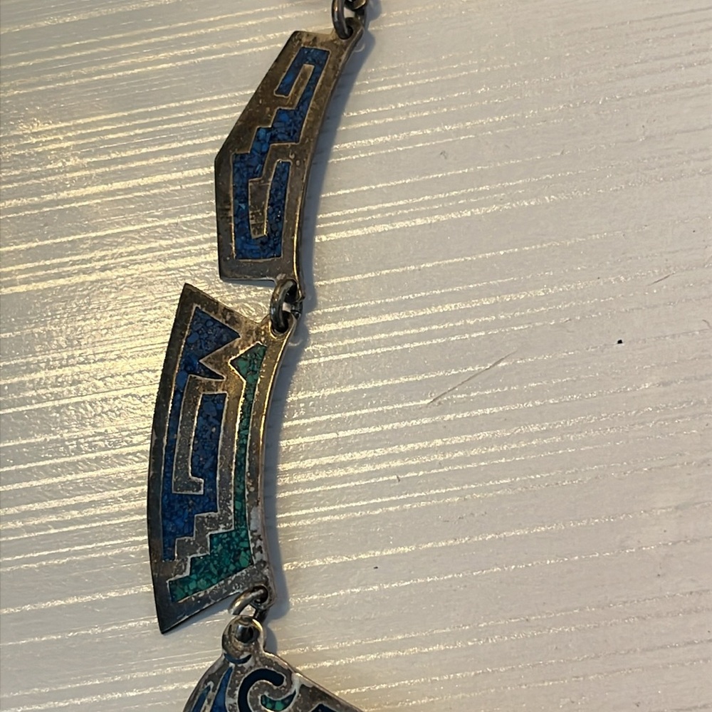 Vintage Mexico Alpaca BIb Necklace Choker Silver With Turquoise Inlay EUC - Picture 8 of 11